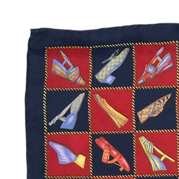 Salvatore Ferragamo Vintage 100% Silk Shoe Designs Scarf 16” Square Red Blue - Picture 8 of 12